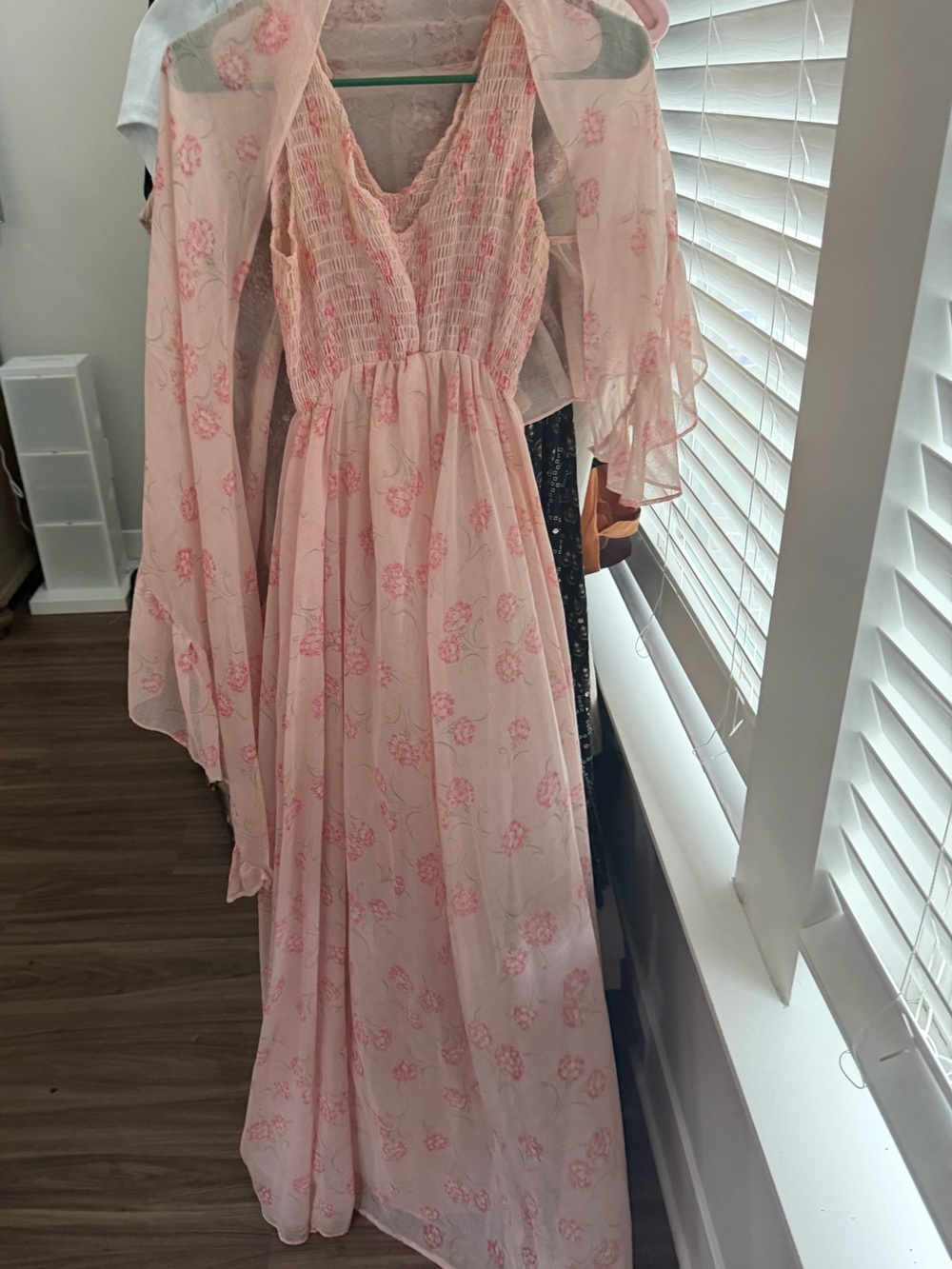 Vintage 70s Romantic Pink Floral Maxi Dress with Smocked Bodice